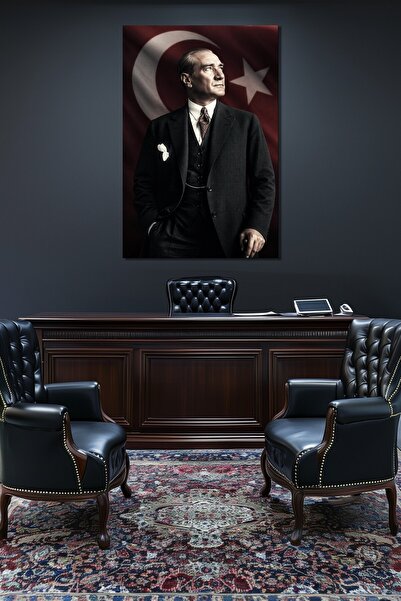 Mythog Atatürk Portre Baskılı Cam Tablo – Türk Bayraklı Prestij Serisi UV Bas...