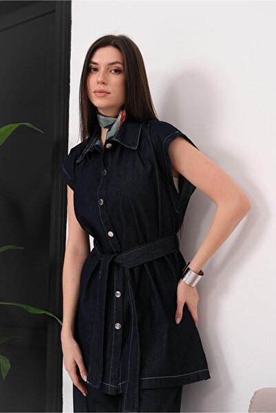 ELBİSHE Stylish Belt Detailed Denim Suit