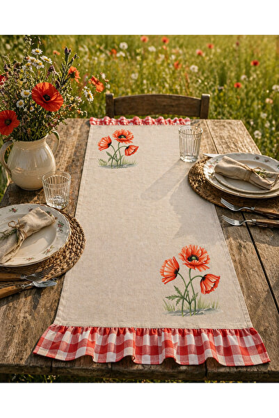Sister Home Design Traversă decorativă cu volane și model Gingham, roșu și al...