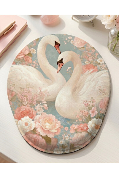 matizya Kuğu Çiçek Desenli Bilek Destekli Mousepad 19x23 cm Ergonomik Jel Des...