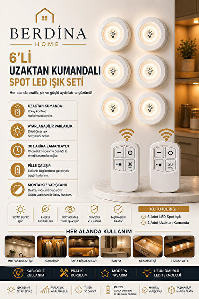 Berdina Home 6'lı Pilli Uzaktan Kumandalı Yapışkanlı Montajsız Spot LED Işık ...