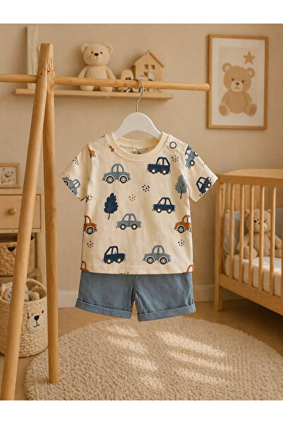 NİKUBY BABY Baby Boy Cotton Combed Cotton Top and Bottom Set with Car Pattern