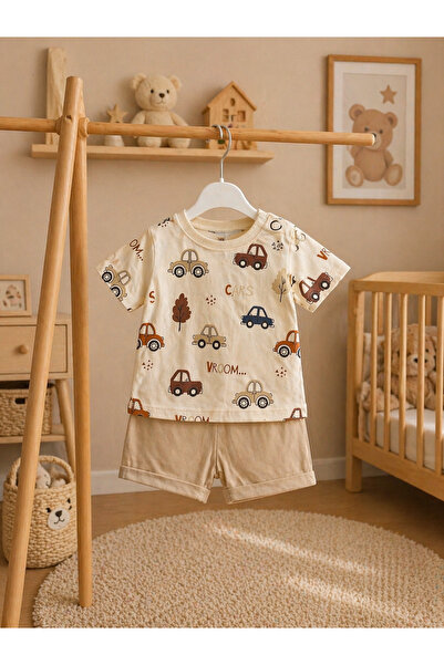 NİKUBY BABY Baby Boy Cotton Combed Cotton Top and Bottom Set with Car Pattern