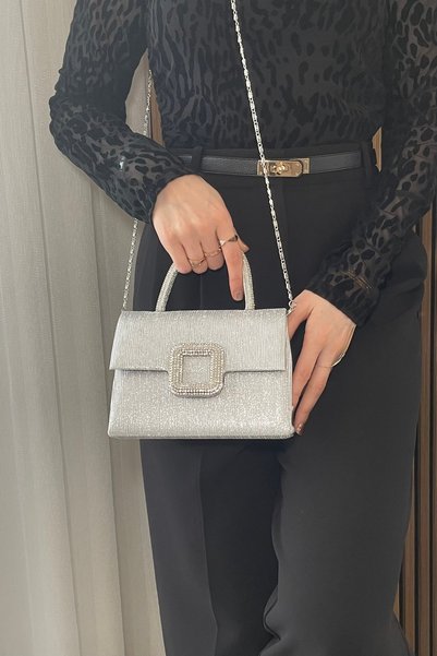 Fibag Women's Silver Shiny Evening Dress Bag - Chain Strap Hand and Shoulder Bag