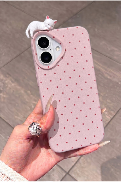KVK PRİVACY iPhone 16 Uyumlu Premium Kılıf Kedi Figürlü Pembe Noktalı 3D Tasa...