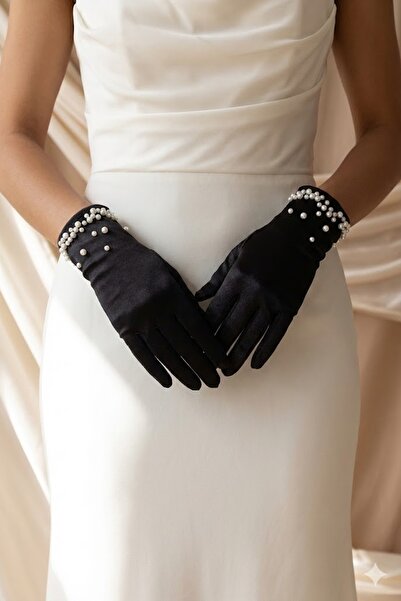 Hobigram Γάντια Aurevra Pearl Black Satin – Κοντό, πολυτελές αξεσουάρ για νύφ...