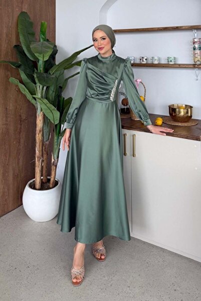 Şulemoda Giyim Βραδινό φόρεμα από σατέν με πέτρες, χακί