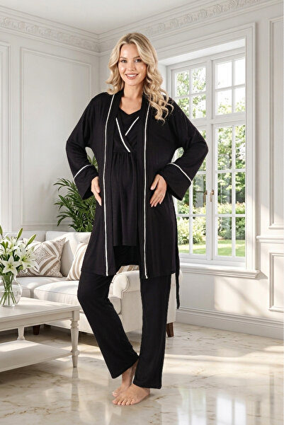 Lohusa Homewear Kadın Siyah Kruvaze Biyeli Yazlık %100 Pamuk Kısa Kol Şık Ham...