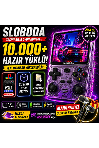 SLOBODA R36S Retro El Konsolu 15000+ Oyun Yüklü 64GB HD Ekran Kulaklık Hediye