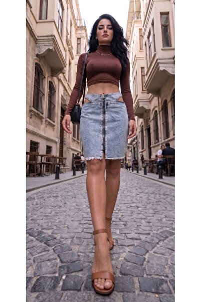 REDZARRAM Τζιν φούστα με λεπτομέρεια στη μέση, μοντέρνα τζιν παντελόνια