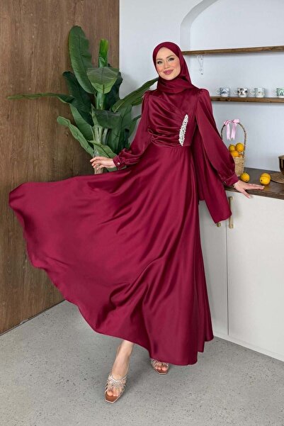 Şulemoda Giyim Σατέν βραδινό φόρεμα με πέτρα Claret Red