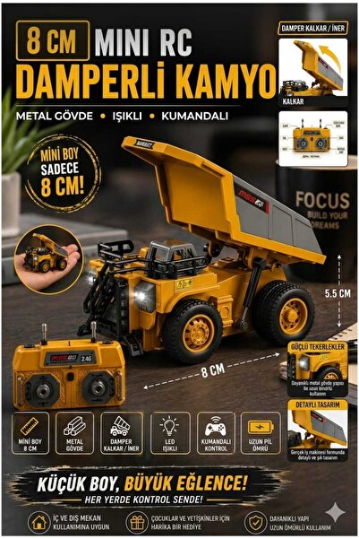 Aksoy Toys Uzaktan Kumandalı Mini RC Damperli Kamyon 8cm – Metal Gövde, Işıkl...