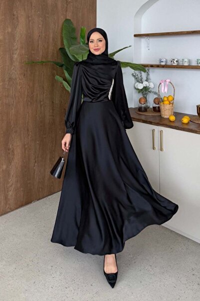 Şulemoda Giyim Βραδινό φόρεμα από σατέν με πέτρες, μαύρο