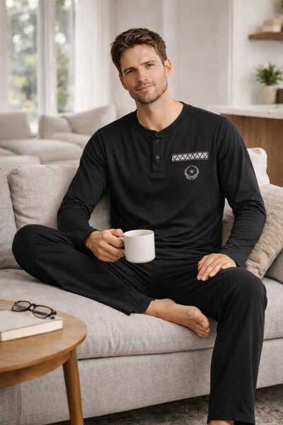 Tenra Erkek Siyah Pijama Takımı %100 Pamuk Uzun Kollu Düz Paça Regular Fit Ra...