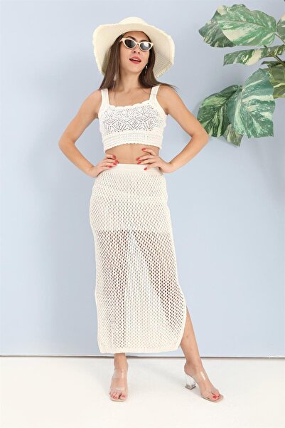 VELİZADE Γυναικεία εκρού φούστα με ψηλόμεσο σκίσιμο, με επένδυση, διάτρητη πλ...