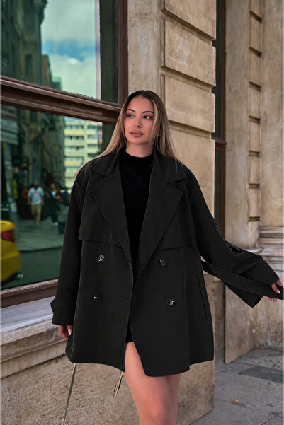 Modark Γυναικεία κοντή αντιανεμική καμπαρντίνα με μαύρη ζώνη και διπλό στήθος