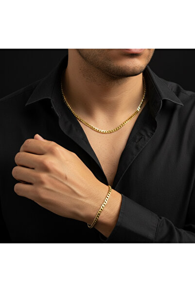 GLSVM Gold Çelik Erkek 4mm | Kolye & Bileklik Seti - 316L Paslanmaz Çelik