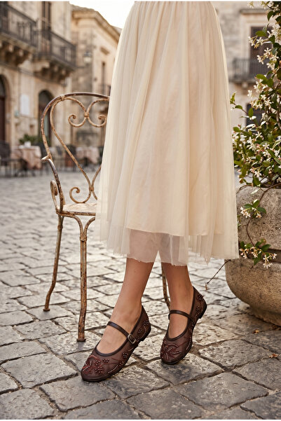 Moda Devrin Γυναικείες μπαλαρίνες Mary Jane με καφέ πέρλες και διχτυωτό σχέδι...