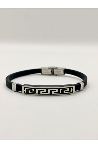 aurora dükkan Black Silicone Men's Bracelet with Steel Motif