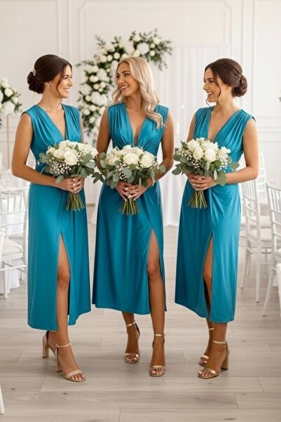 FashionForYou Σετ 5 τεμαχίων: Μακρύ σατέν φόρεμα Ilaria με σκίσιμο στο πόδι, ...