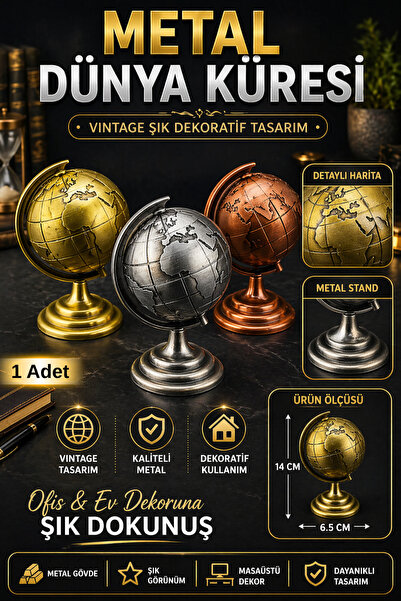 Tamsena Store Metal Dekoratif Dünya Küresi – Vintage Standlı Şık Tasarım, Ofi...