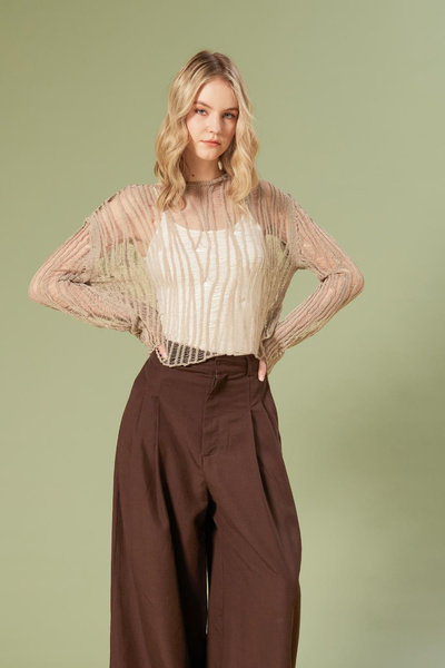 LOKADI Γυναικείο πλεκτό πουλόβερ από διχτυωτό ύφασμα εκρού με διάτρητο σχέδιο...