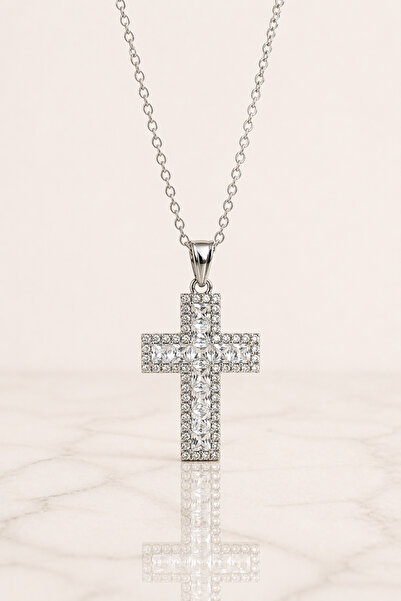 OEM Κολιέ με μενταγιόν σταυρό, διακοσμημένο με πέτρες, σε ασημί απόχρωση, κομ...