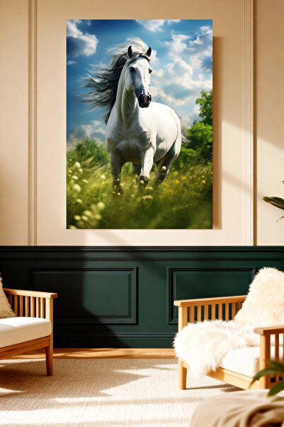 Mushen Studio White Horse Green Meadow Tablou pe pânză Decor clasic de perete...