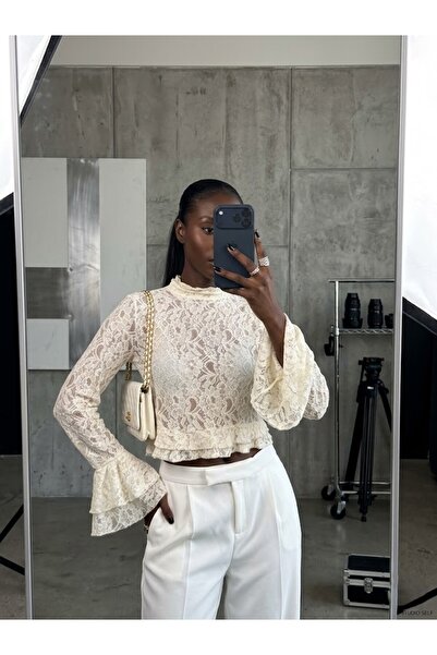 LOKADI Εκρού Δαντελένια Ισπανική Μπλούζα με Όρθιο Γιακά και Γκιπούρ - Κομψή Μ...