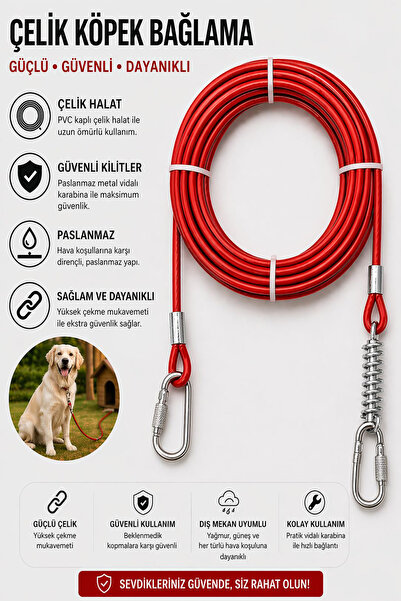 PADRİ çelik yaylı 10 Metre Yaylı Köpek Bahçe Bağlama Halatı