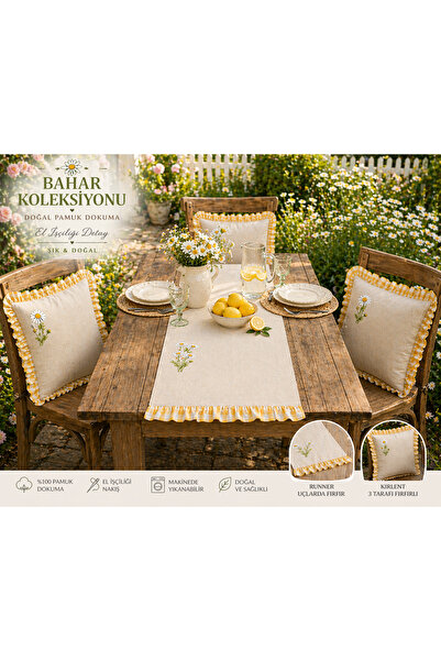 Sister Home Design Papatya Desenli Runner ve 4’lü Kırlent Seti | Sarı Pötikar...
