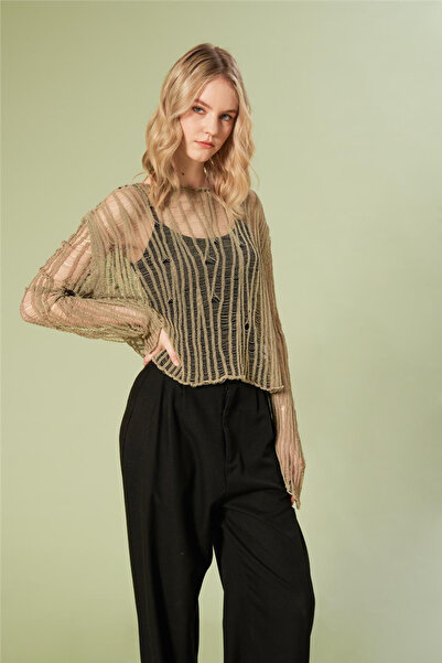 LOKADI Γυναικείο πλεκτό πουλόβερ από διχτυωτό ύφασμα εκρού με διάτρητο σχέδιο...