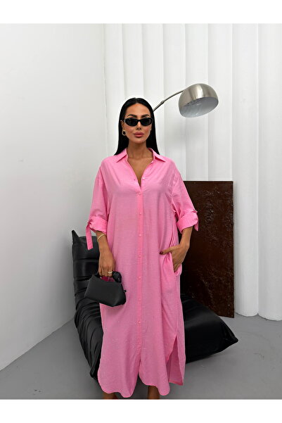 LB Laluna Butik Γυναικείο μακρύ φόρεμα πουκάμισο με πέτρινη λεπτομέρεια στο μ...