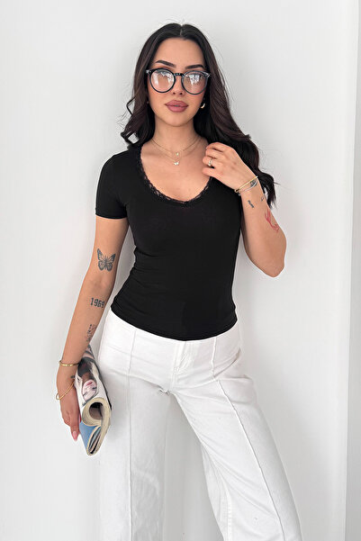 Noa&Noa Γυναικείο μπλουζάκι με δαντελένιο γιακά – Κομψή μπλούζα με λαιμόκοψη ...