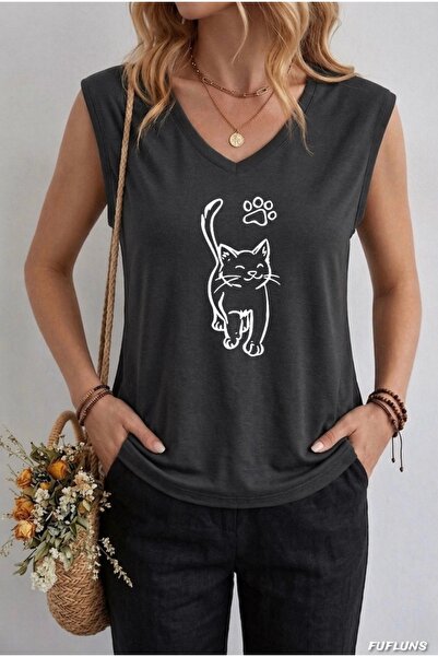 FUFLUNS Cat Printed Women's Oversize Sleeveless T-Shirt