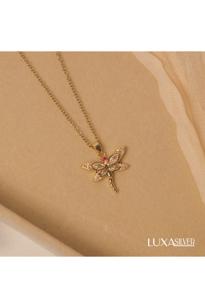 luxa silver jewellery Kadın Gold Renk Kararmaz Çelik Yusufçuk Kolye Zirkon Ta...