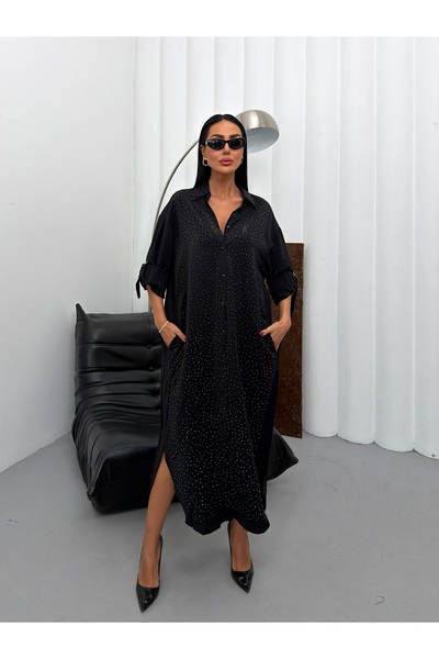 LB Laluna Butik Γυναικείο μακρύ φόρεμα πουκάμισο με πέτρινη λεπτομέρεια στο μ...