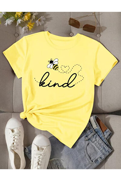 Baxia Sarı RENK KARAKTER Baskılı Kısa Kollu Bisiklet Yaka Tshirt