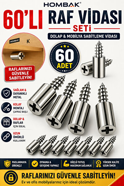 Hombak 60’lı Raf Vidası Seti – Metal Dolap & Mobilya Sabitleme Vidası – Dayan...