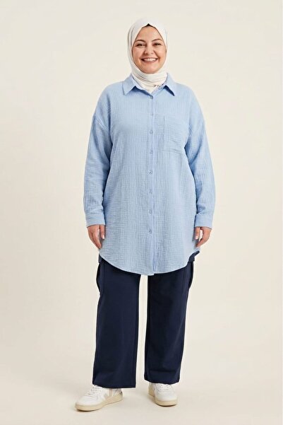 madam trend Ανοιχτό μπλε μεγάλο μέγεθος, φαρδιά γραμμή, 100% βαμβακερό ύφασμα...