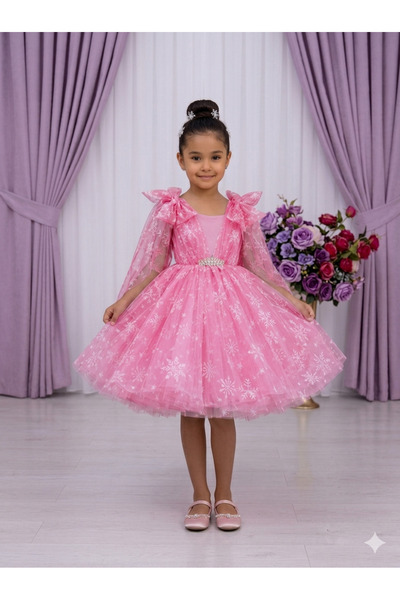 PRİNCESS Kız Çoçuk Pembe Elsa Kostüm,Kız Çocuk Parti Elbise