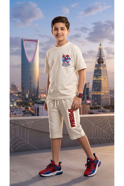 h.kids طقم ولادي "البطل الخارق" (تيشيرت وشورت ميد) باللون الكريمي