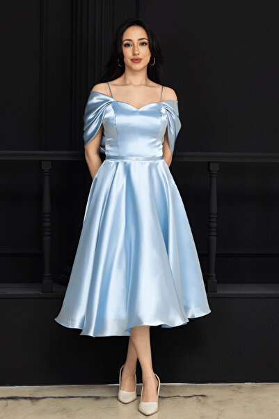 BEYBOS Off-Shoulder Organza Midi Dress - Baby Blue