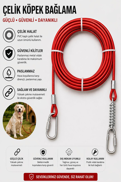 PADRİ çelik yaylı 6 Metre Yaylı Köpek Bahçe Bağlama Halatı