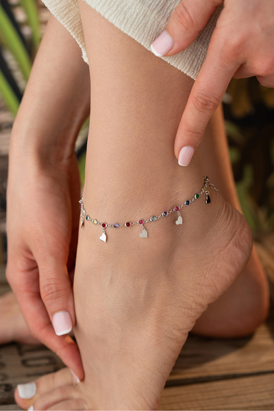 Silvano Jewelry 925 Ayar Gümüş Mix Taşlı Kalpli Halhal