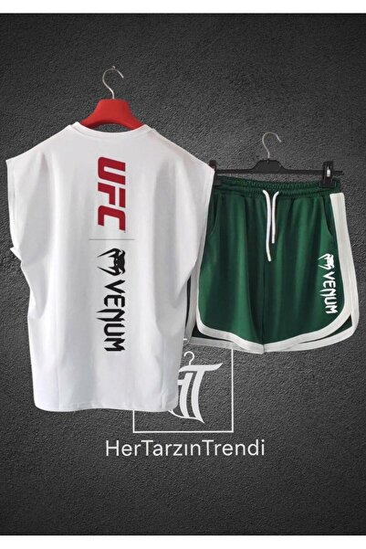 HerTarzınTrendi Ανδρικό καλοκαιρινό αθλητικό σετ UFC με στάμπα, αμάνικο μπλου...