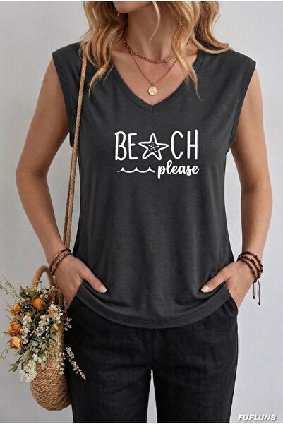 FUFLUNS Beach Printed Women's Oversize Sleeveless T-Shirt