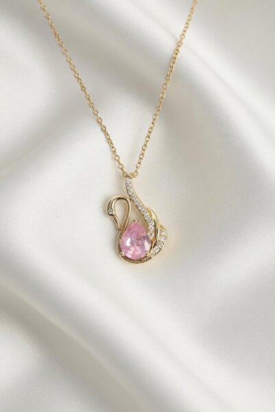 Jadem Gold 316L Steel Chain Pink Swan Model Zircon Stone Women's Necklace