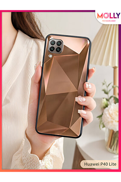 Molly Huawei P40 Lite İçin Rose Bronz Prizma Geometrik Ayna Tasarımlı Lüks Si...