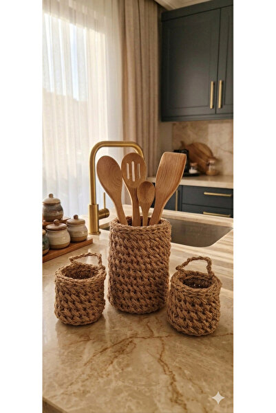 Ahşap Evi Kitchen Decoration Set of 3 Countertop Organizer Wicker Spoon Holde...